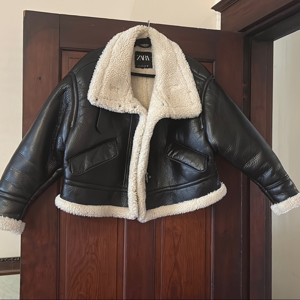 Zara Black Pleather Jacket with Cream Lining
